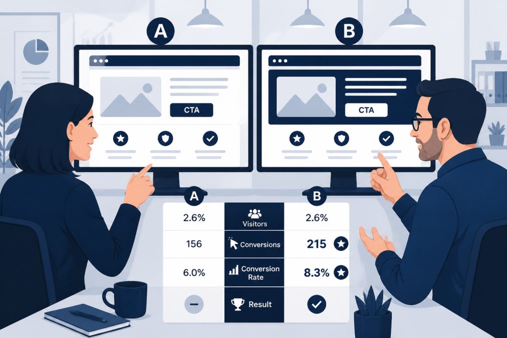 Two marketing professionals comparing two versions of a webpage on side-by-side monitors in a modern office, pointing at the screens and discussing results, under bright overhead office lighting