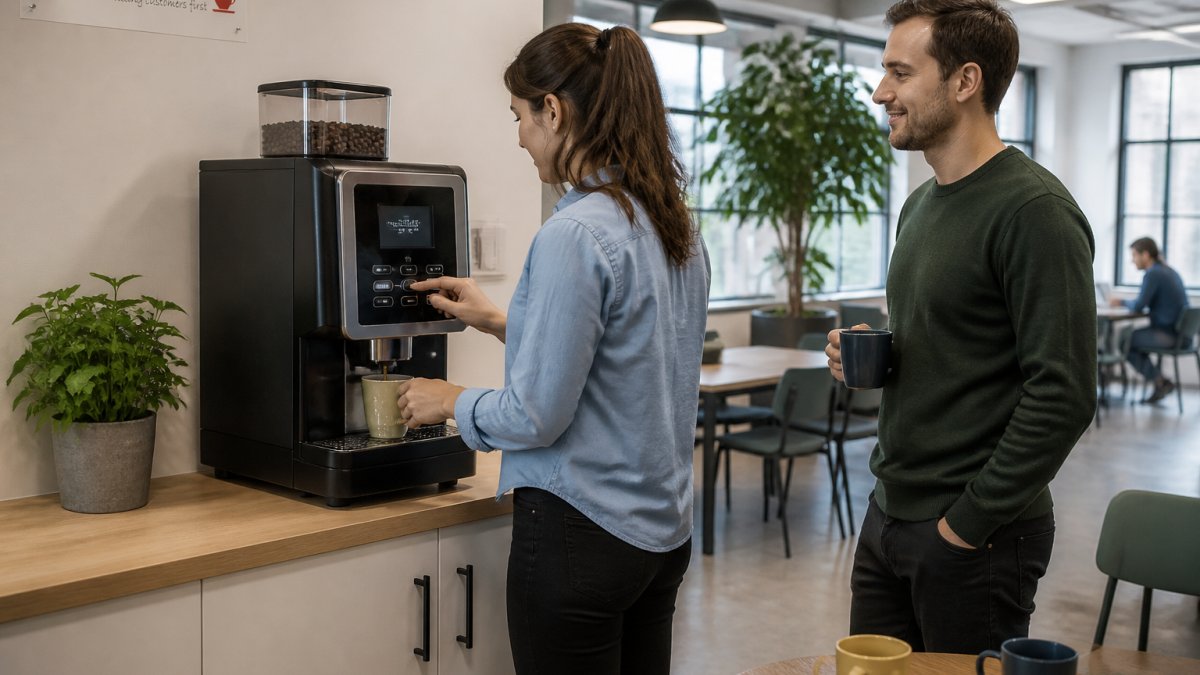 A member using a bean to cup coffee machine in a bright shared office kitchen, with a colleague waiting nearby and mugs on the counter