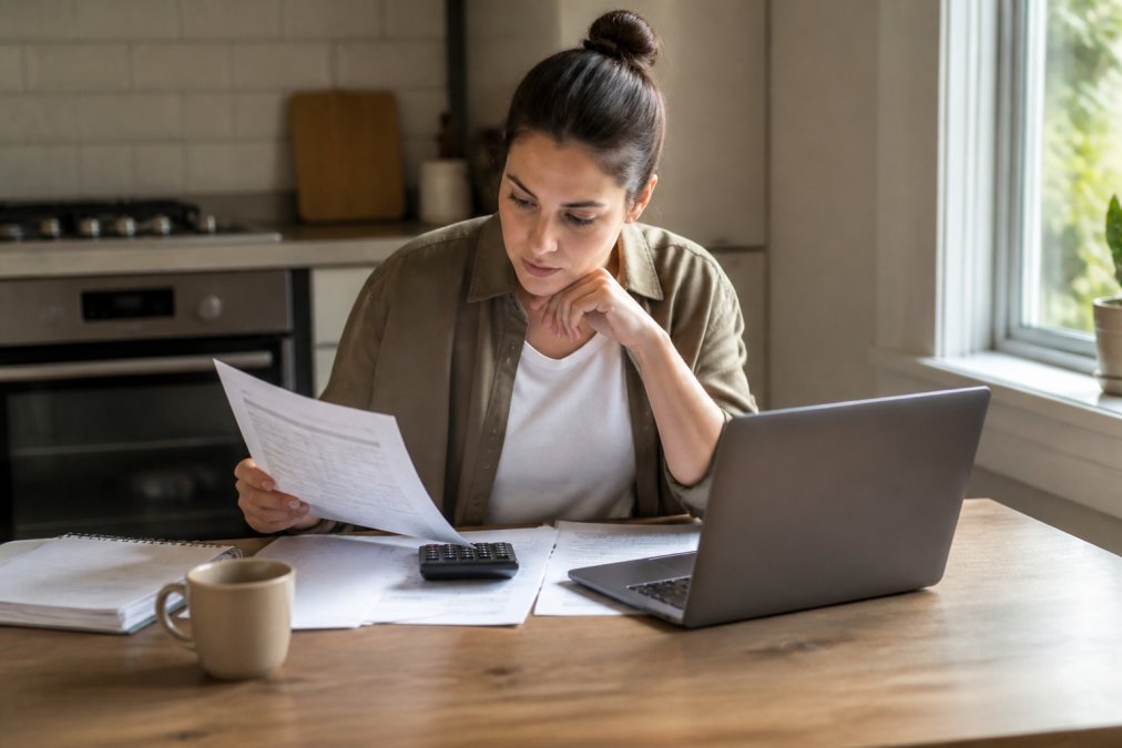 First-home buyer reviewing financial documents at a kitchen table with a laptop, looking focused and determined, natural lighting from a window