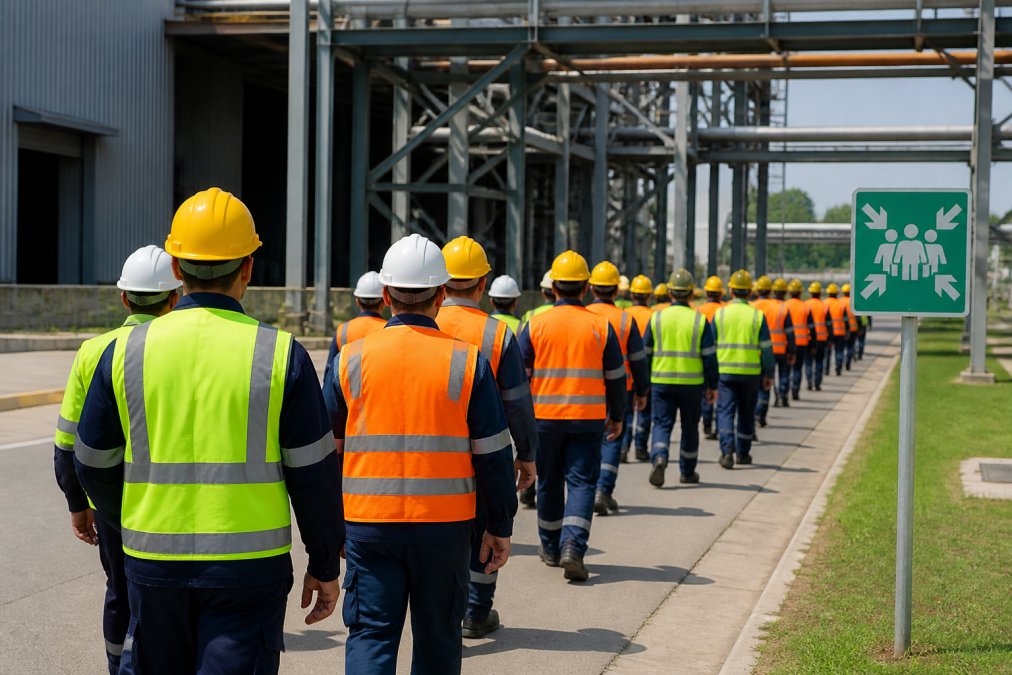 Industrial workers in hard hats and safety vests participating in an evacuation drill, walking in an orderly line toward a designated assembly point outside a manufacturing facility