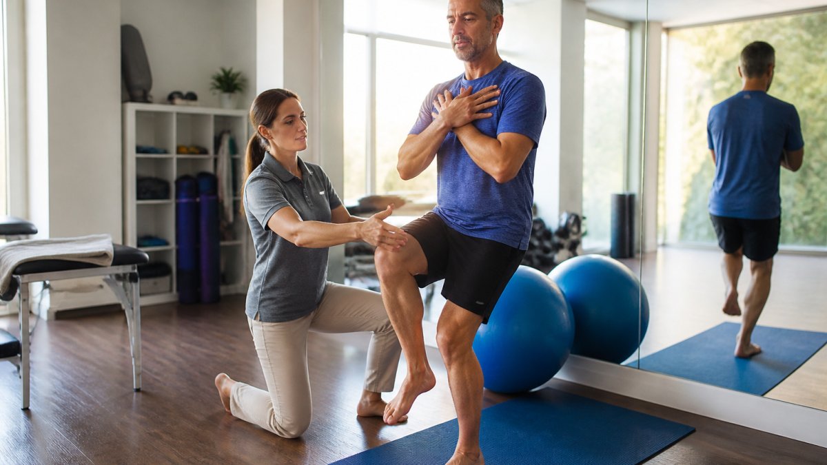 A speech-language pathologist guiding an adult patient through a standing balance and breathing exercise in a bright therapy gym, with a therapy ball and mirror visible