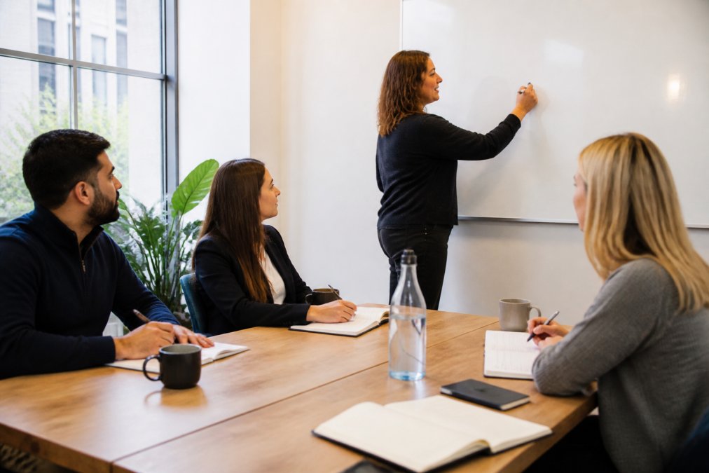 A small group of colleagues in a bright meeting room participating in a training workshop, one person writing on a whiteboard while others take notes, with natural light and notebooks open on the table