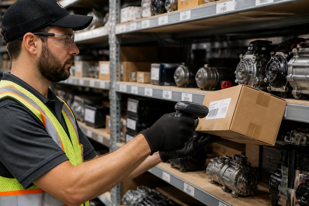 A warehouse worker in a safety vest and gloves holding a handheld barcode scanner up to a boxed auto part on a metal shelving unit, with other parts and labels visible in the background