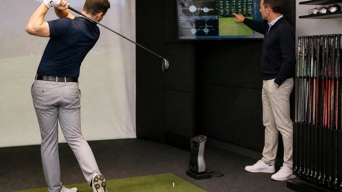 A golfer mid-swing in an indoor fitting bay, with a coach pointing at a launch monitor screen showing ball flight data in the background, bright studio lighting