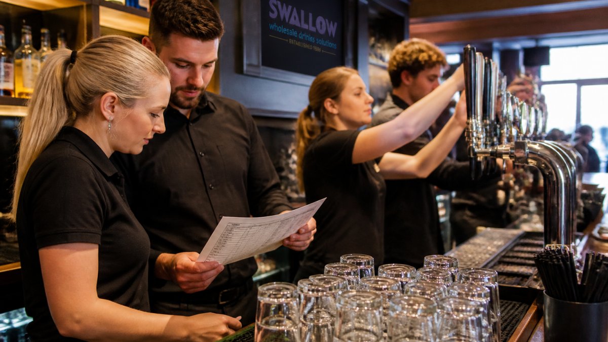 A busy pub bar team behind the counter checking a printed run sheet and restocking glassware before a match crowd arrives, warm lighting, realistic pub interior