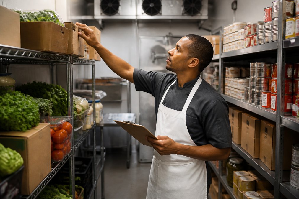 A restaurant manager in a white apron counting boxes of produce and canned goods on metal shelving in a walk-in storage room, clipboard in hand, warm overhead lighting
