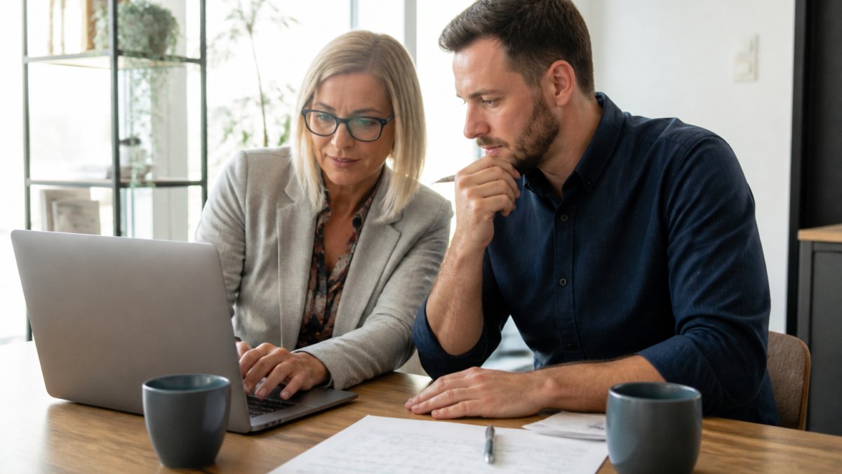 A small business owner and an accountant reviewing a cash flow forecast on a laptop in a bright office, with a printed spreadsheet and two cups of coffee on the desk