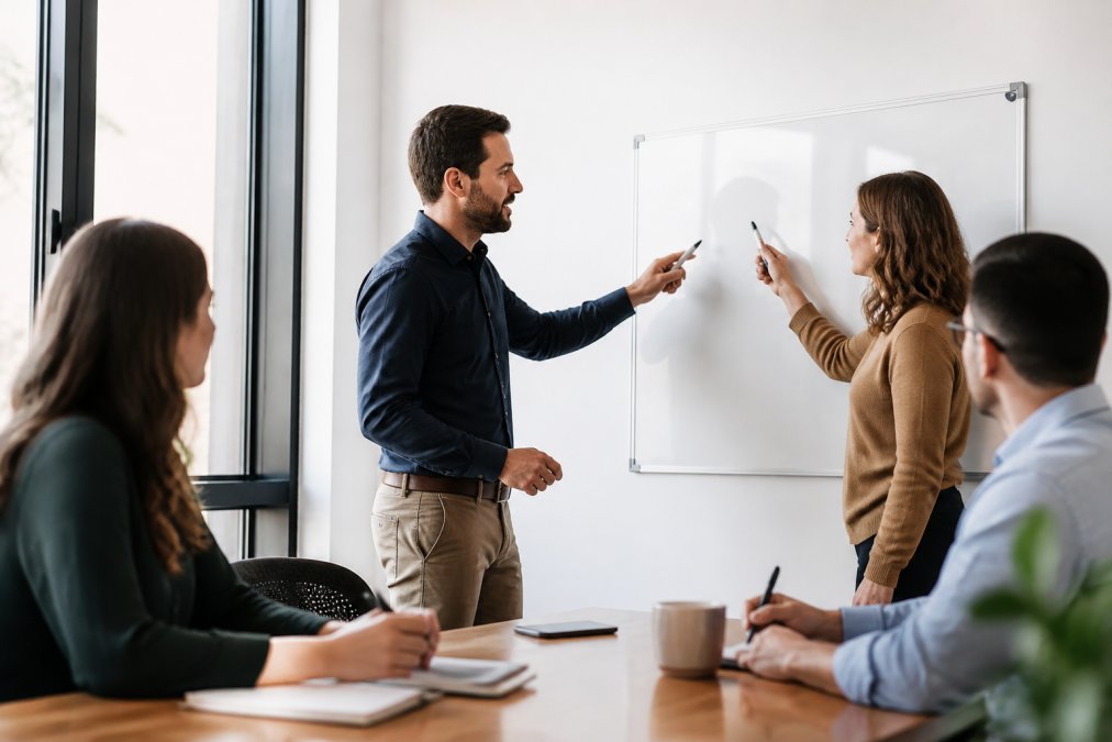 Sales and marketing managers review a lead qualification checklist on a whiteboard in a bright conference room.