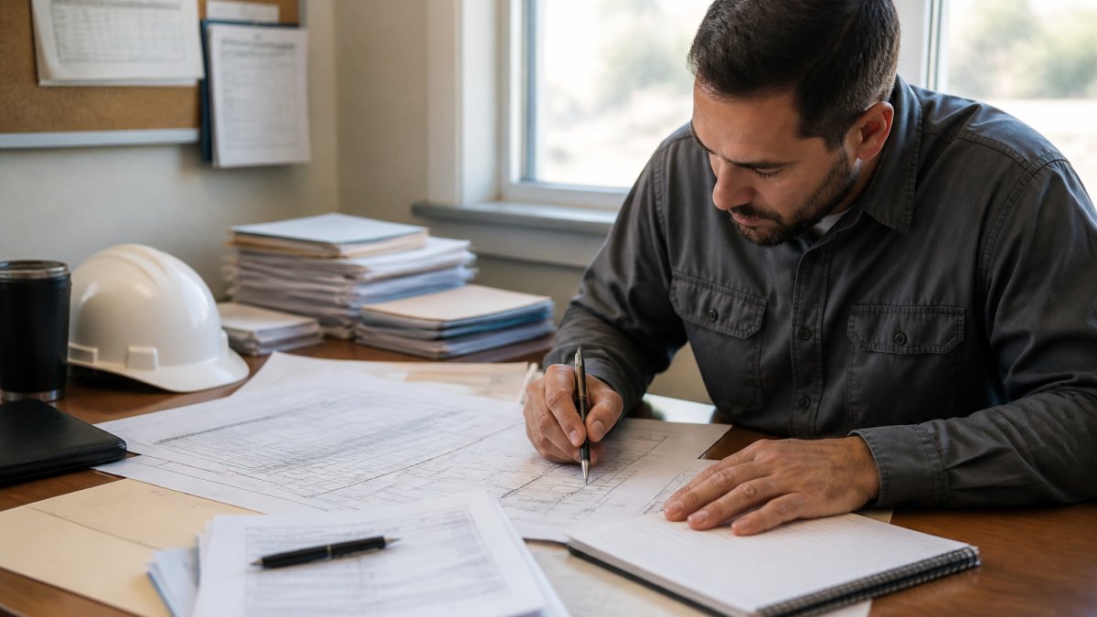 Construction office manager at desk reviewing workflow documents and process maps with calendar and scheduling tools visible, natural office lighting