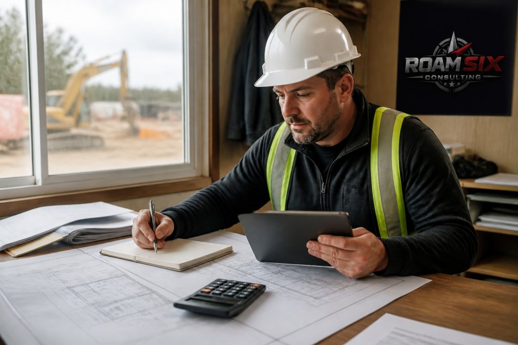 Project manager reviewing construction profit margins on a tablet at a job site trailer desk