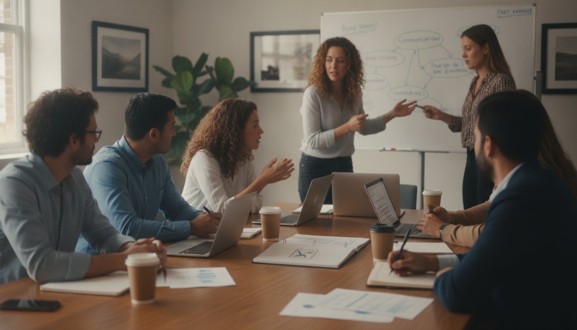 Professional illustration showing improving cross departmental collaboration strategies