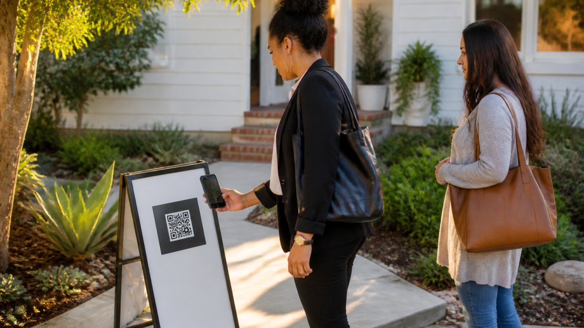 Real estate agent scanning a QR code at an open house to assist in improving data quality for real estate crm