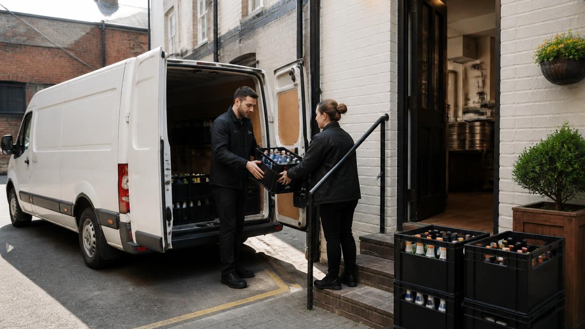 Staff receiving stock crates from a delivery van at a hospitality venue back entrance