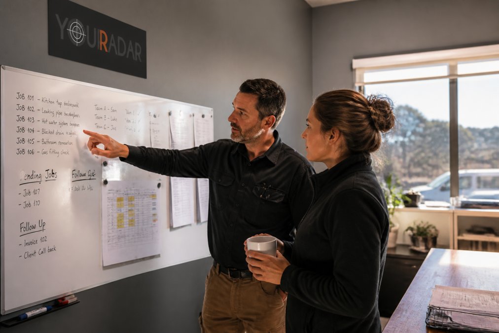 Plumbing business owners reviewing a whiteboard and schedule to improve dispatch efficiency in their office.