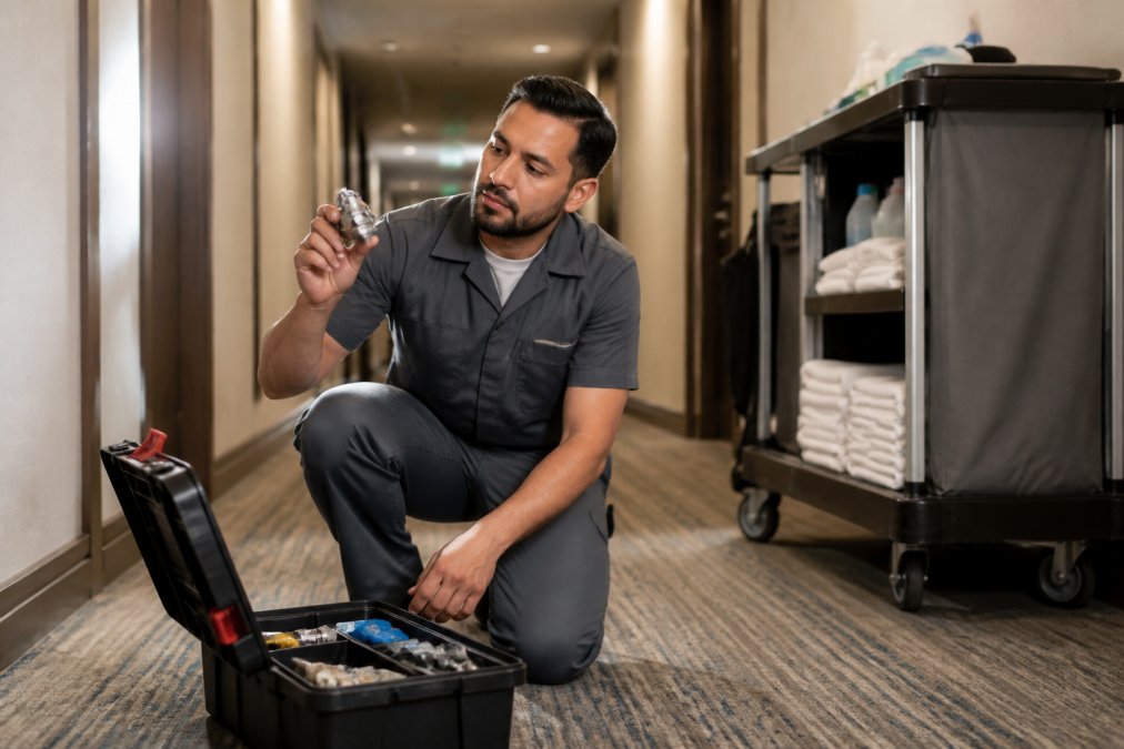 A hotel maintenance technician in a crisp uniform kneeling beside an open toolbox in a bright hotel corridor, holding a chrome faucet cartridge up to the light