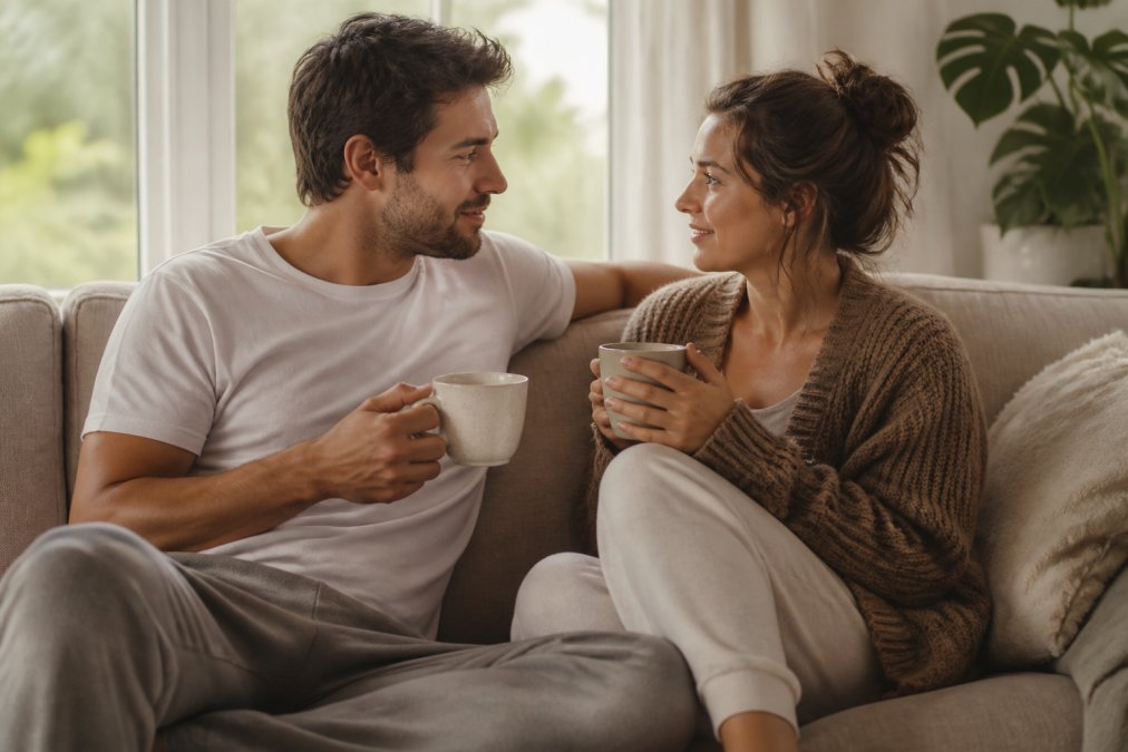 Couple sitting close together on a couch having an intimate conversation over morning coffee, natural light from a window, relaxed and focused on each other