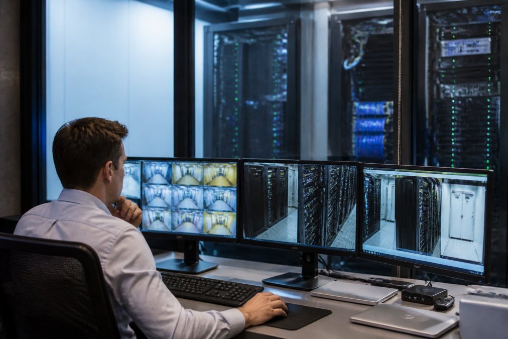 An operations manager in business casual attire reviewing real-time thermal and power dashboards displayed on a large curved monitor in a data centre control room, with rows of illuminated server racks visible through a glass partition behind them