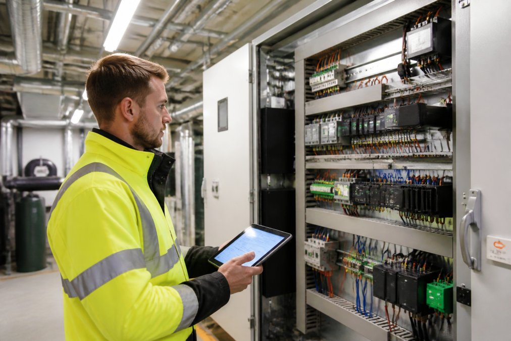 Engineer monitoring BEMS data on a tablet to support improving energy efficiency in Dorset buildings.