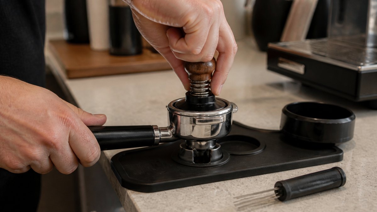 Close-up of a home barista's hands using a spring-loaded tamper with a wooden handle to press coffee grounds level in a portafilter on a clean kitchen counter, with a WDT tool and dosing funnel nearby