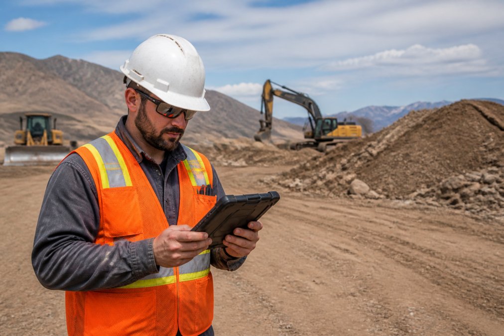 An inspector in a hard hat and safety vest holding a ruggedized Android tablet with a waterproof case, standing on a remote construction site with heavy equipment visible in the background