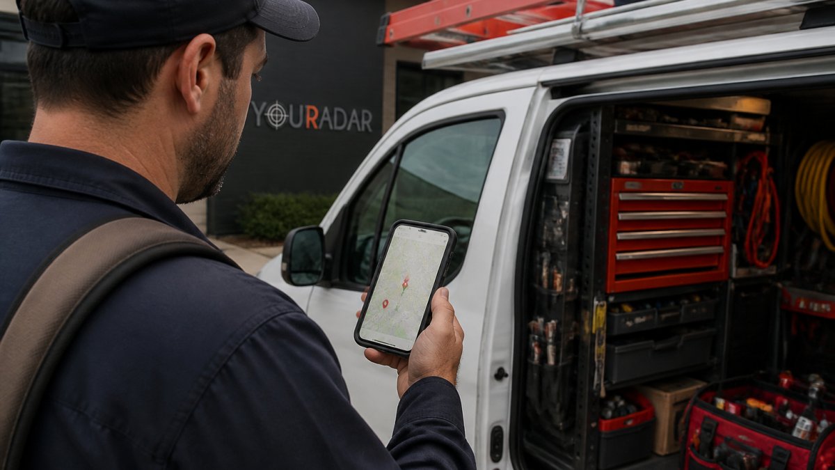 Field technician holding a smartphone displaying a dispatch mapping app with location pins, standing next to a service vehicle with tools visible in the background