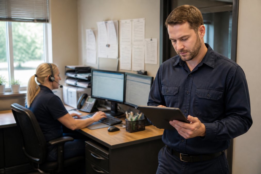 A dispatcher at a desk with dual monitors showing a scheduling dashboard, talking on a headset while a field technician in uniform checks a tablet in the foreground