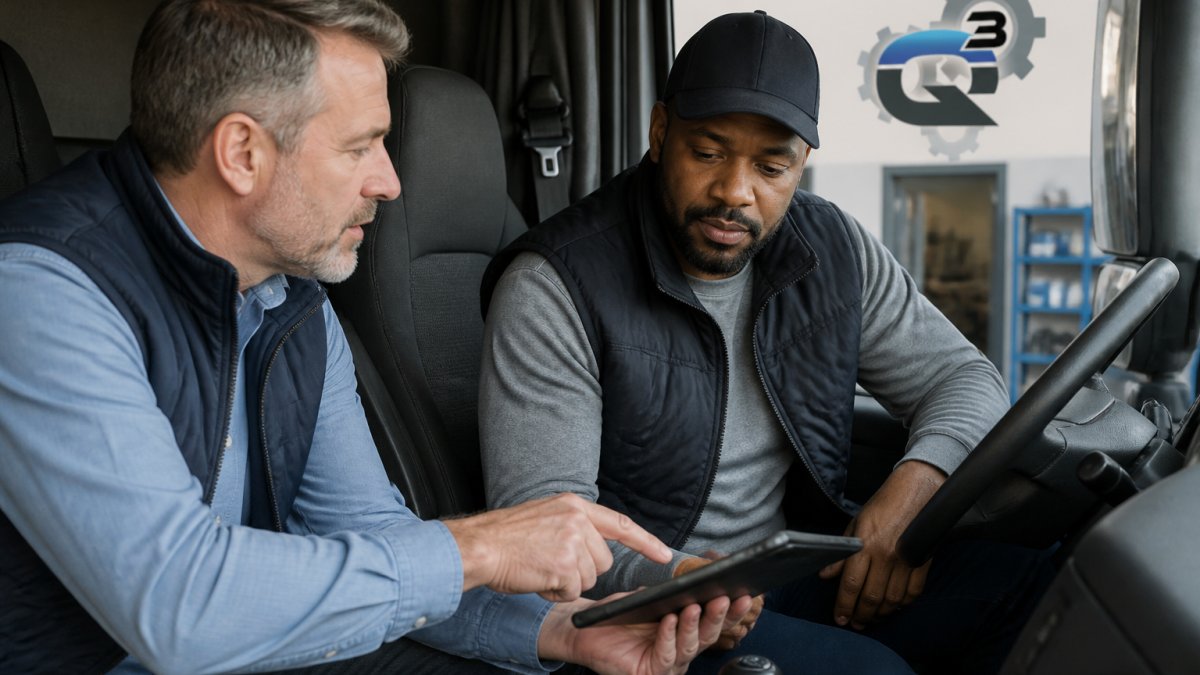 Fleet manager reviewing dashcam footage with a driver to improve fleet driver safety through coaching