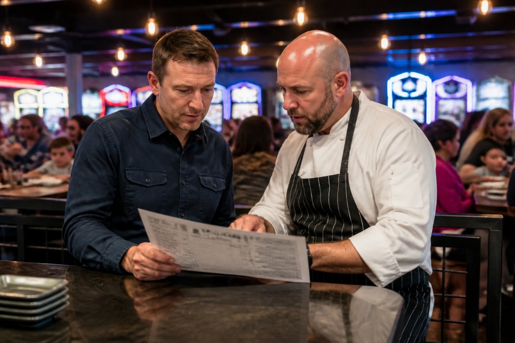 FEC manager and chef reviewing a menu to optimize beverage profits in a busy arcade restaurant