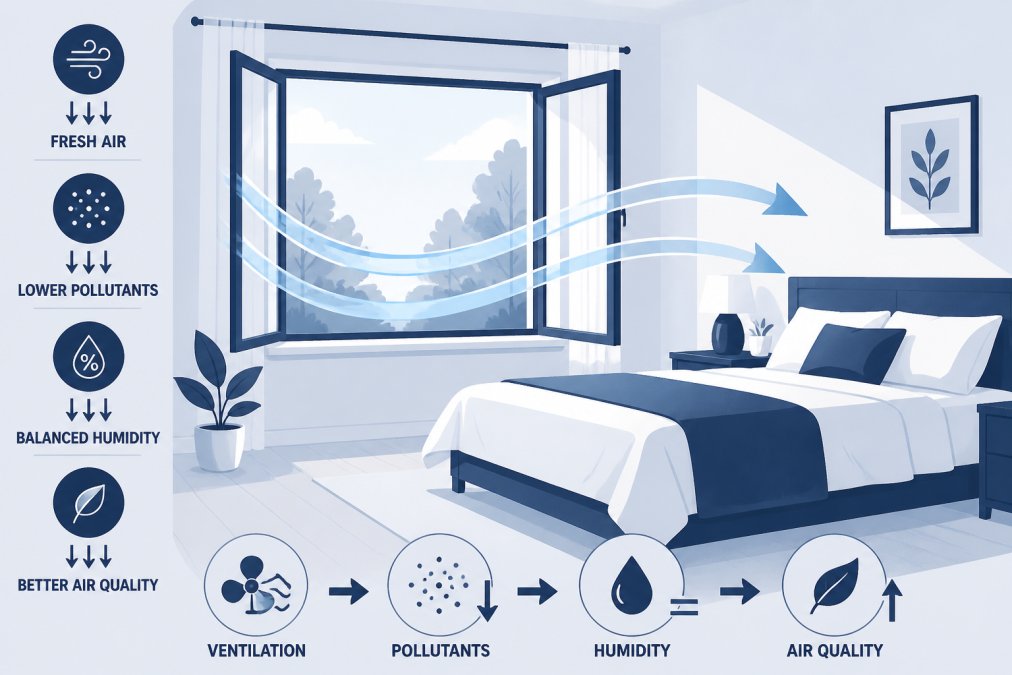 Bright bedroom with large windows open to fresh outdoor air, natural sunlight streaming in, showing clean, well-ventilated interior space with air flowing freely