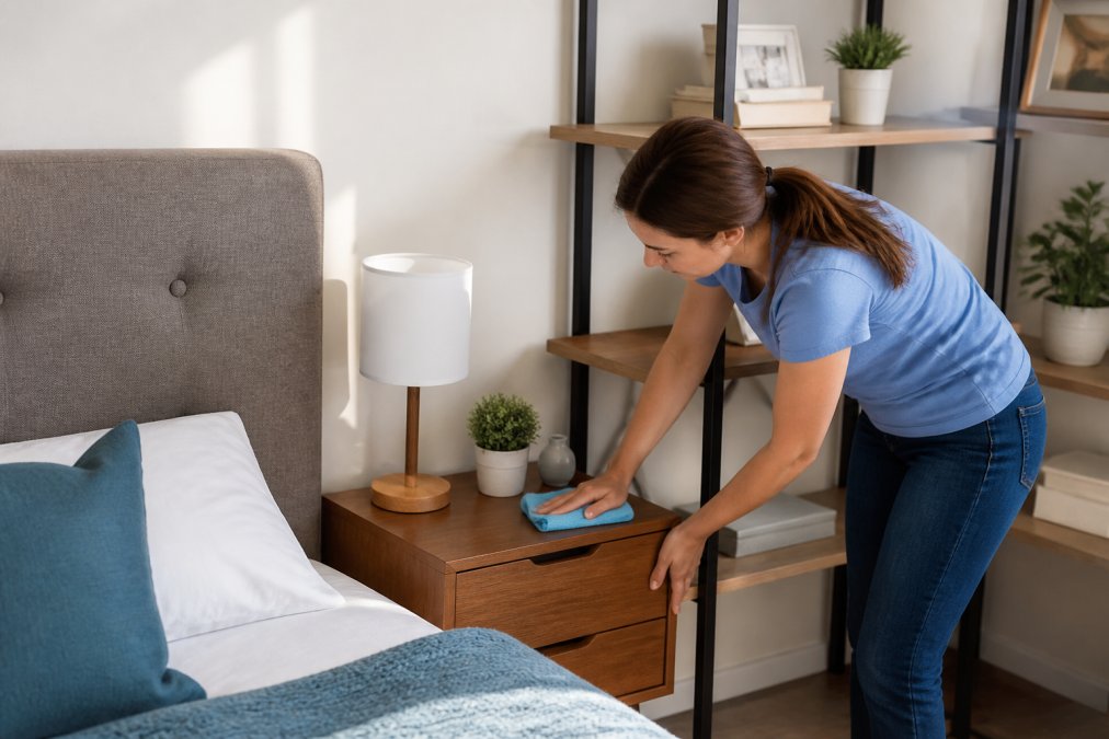 Person using microfiber cloth to wipe down bedroom surfaces, carefully removing dust from furniture and shelves in natural daylight, demonstrating thorough cleaning technique