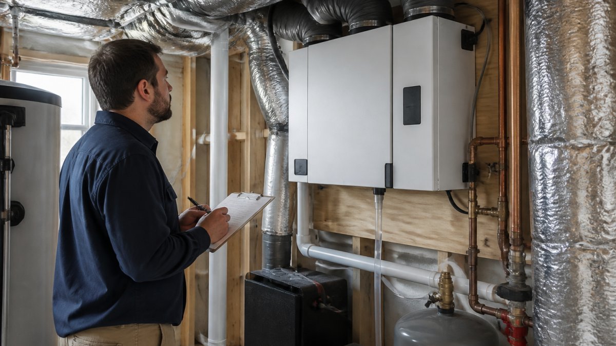 A mechanical room in a custom home showing a wall-mounted energy recovery ventilator unit with insulated ductwork, clean copper piping, and a technician in work clothes inspecting the system with a clipboard