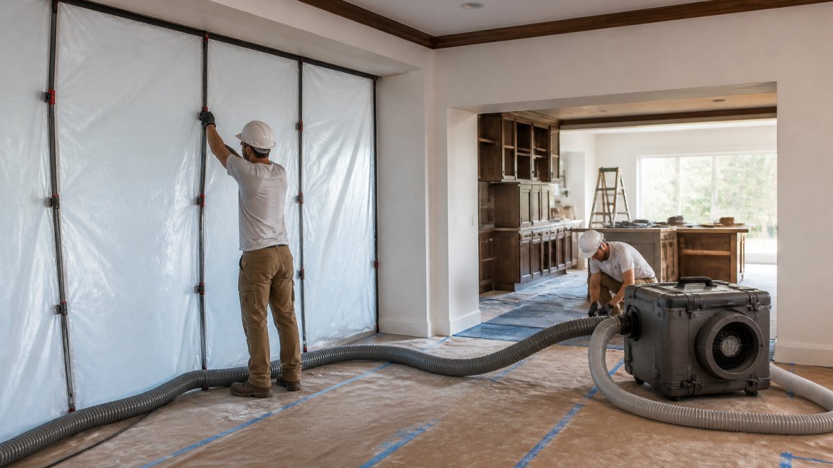 Workers installing plastic dust barriers and HEPA air filtration for improving indoor air quality in residential construction