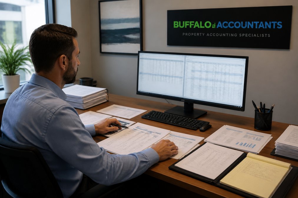 Accountant reviewing automated internal controls on a digital dashboard in a modern office with financial reports
