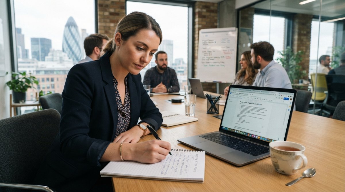 A professional in a modern UK office writing action points on a notepad during a meeting, with a laptop showing a shared document and a cup of tea nearby