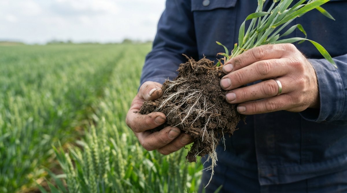 Close-up of a farmer's hands holding crumbly, dark soil with the white root systems of a young cereal plant visible, a green wheat field blurred in the background under soft daylight
