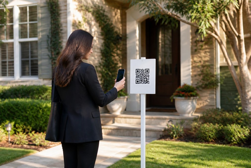 Real estate agent standing outside a residential property entrance, smartphone in hand scanning a QR code mounted on a sign post, morning sunlight illuminating the property facade