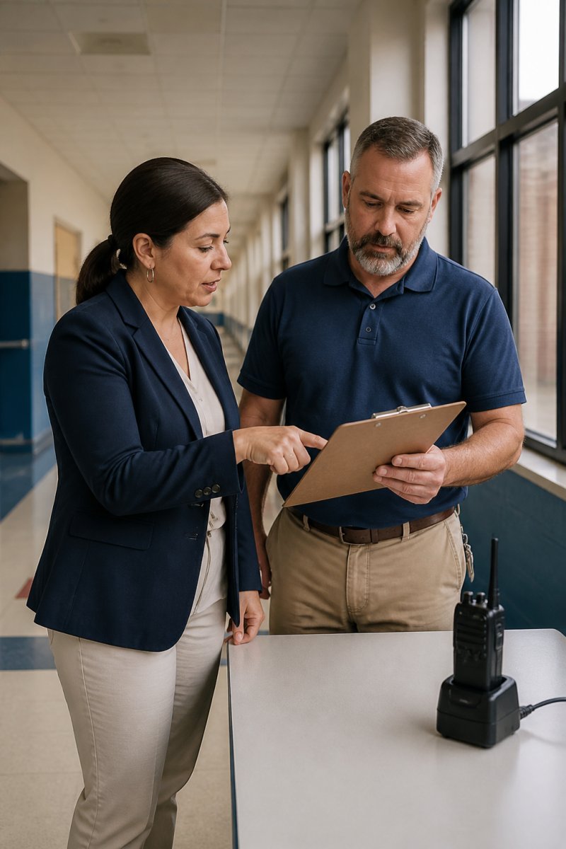 A school administrator and facilities manager reviewing an emergency preparedness checklist on a clipboard in a school hallway, with a two-way radio on the desk nearby