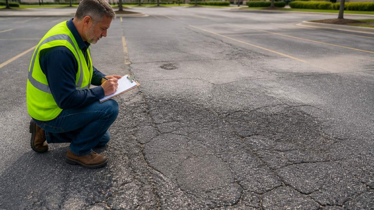 Facilities manager or parking lot inspector walking through asphalt lot, examining pavement surface and cracks while taking notes on clipboard, with worn and damaged asphalt visible in background
