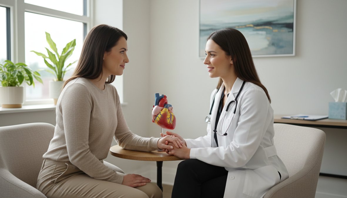 A physician sitting at eye level with a patient in a bright clinic exam room, leaning forward attentively while the patient speaks, hands clasped, conveying empathy and focused attention