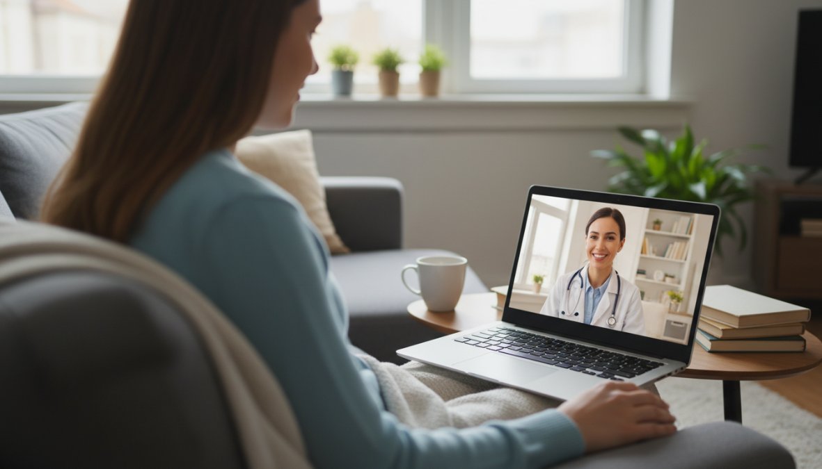 A patient sitting at a home desk, smiling while on a video call with a doctor displayed on a laptop screen, with a notepad and glass of water nearby, warm natural light from a nearby window