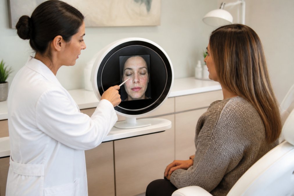A dermatologist and patient reviewing skin analysis results on a screen in a bright, modern consultation room, with the practitioner pointing at specific areas of concern