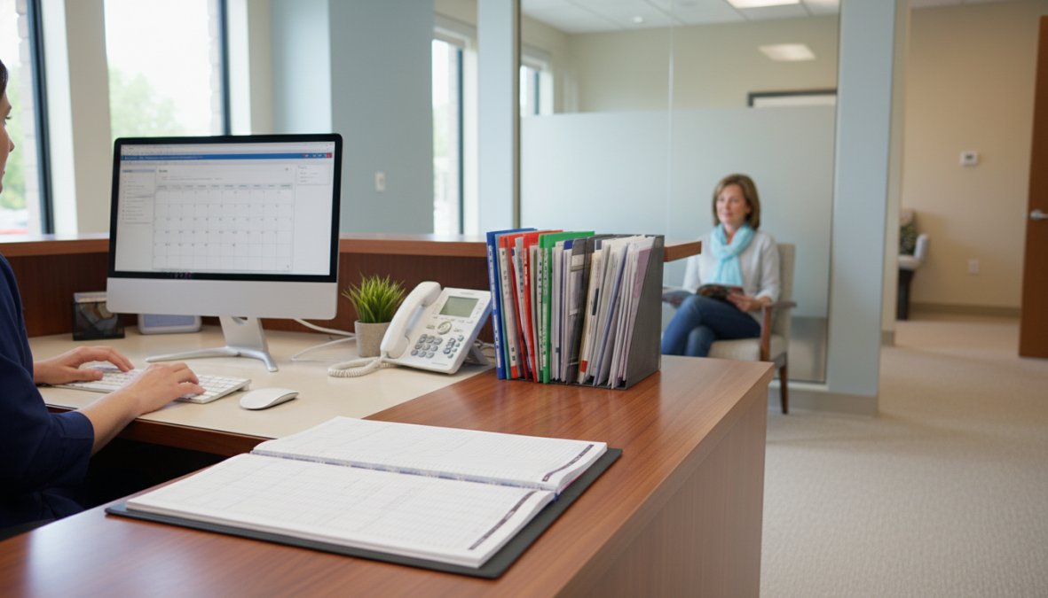 A front desk staff member at a medical office reviewing an appointment schedule on a computer screen, with a patient waiting in the background in a clean, modern clinic reception area
