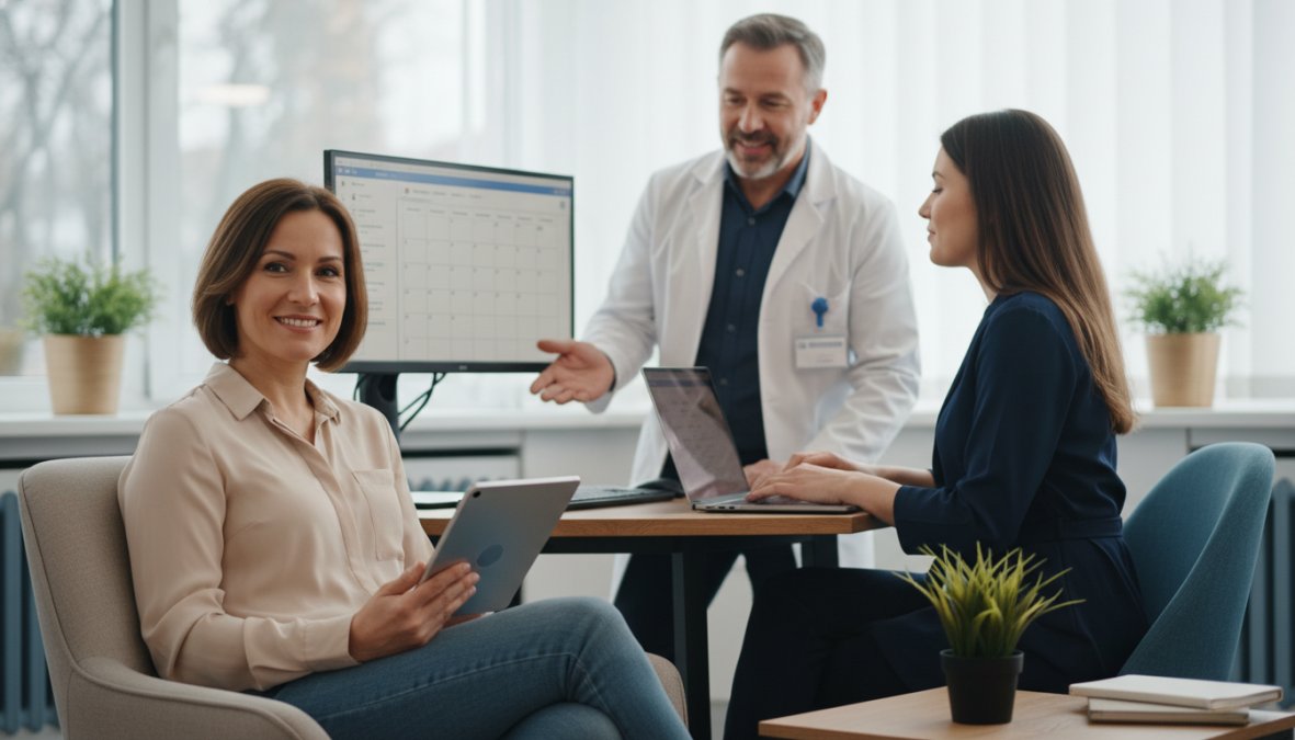 A patient sitting comfortably at home using a smartphone to book a medical appointment through an online scheduling app, with a relaxed and confident expression