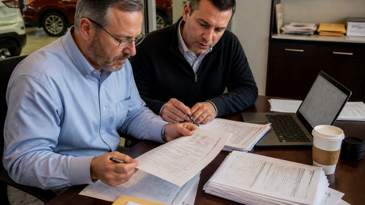 Dealership controller and consultant auditing vendor invoices to optimize per-vehicle retail profit