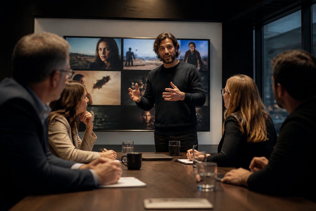 Professional illustration showing director and producer and presenting concepts for improving pitch deck narrative flow