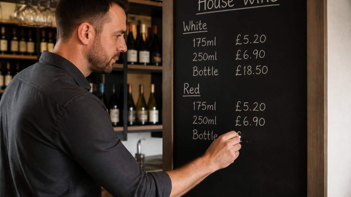 Bar manager writing wine prices on a menu board with wine bottles visible in background, natural restaurant lighting