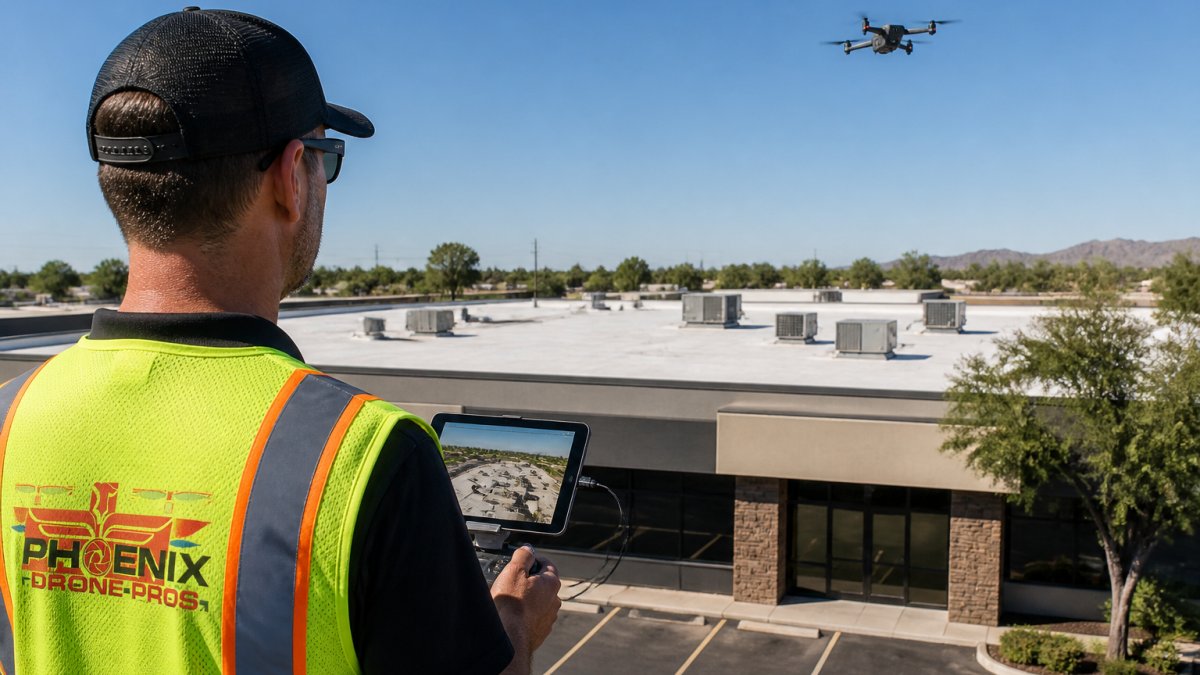 A licensed drone pilot in a safety vest standing on commercial property grounds, controlling a drone with a tablet showing a live aerial view of a large flat commercial roof, with the drone visible in the sky above the building
