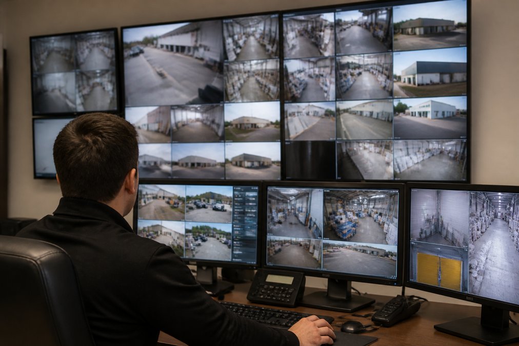 Security control room operator monitoring multiple CCTV feeds on large screens with real-time alarm notifications visible and alert indicators highlighted, demonstrating active warehouse monitoring in a professional security operations centre
