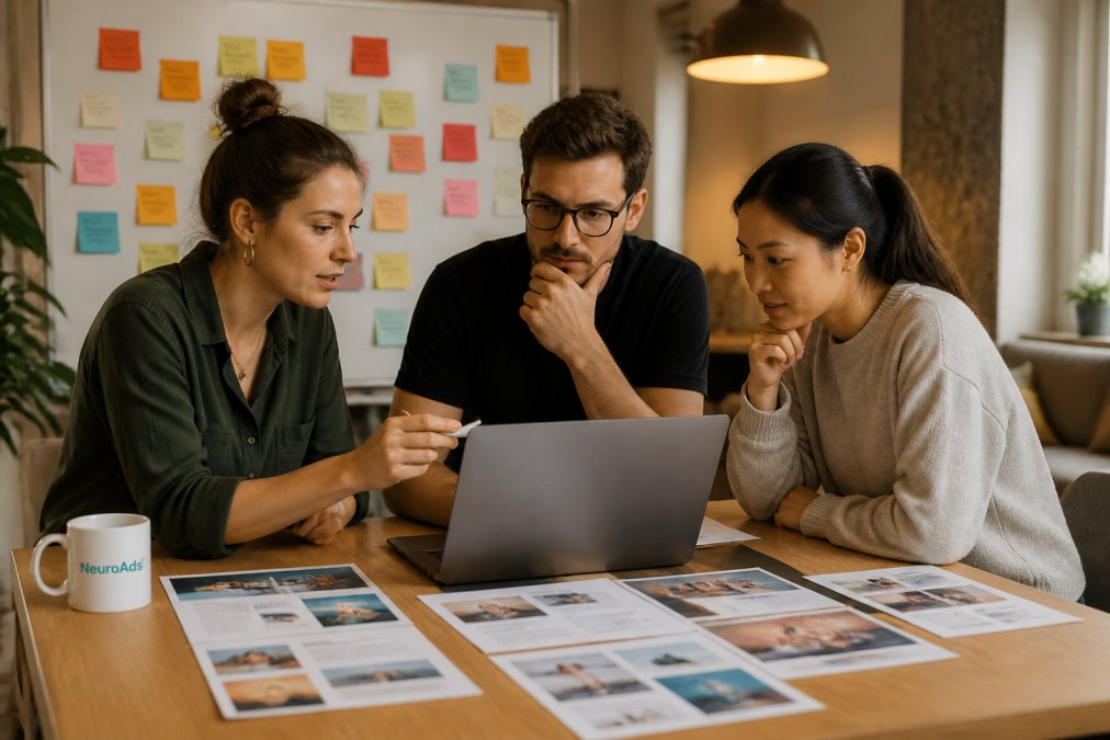 A small marketing team of three people gathered around a laptop reviewing ad creative variations on screen, sticky notes covering a whiteboard behind them, casual office space with warm overhead lighting