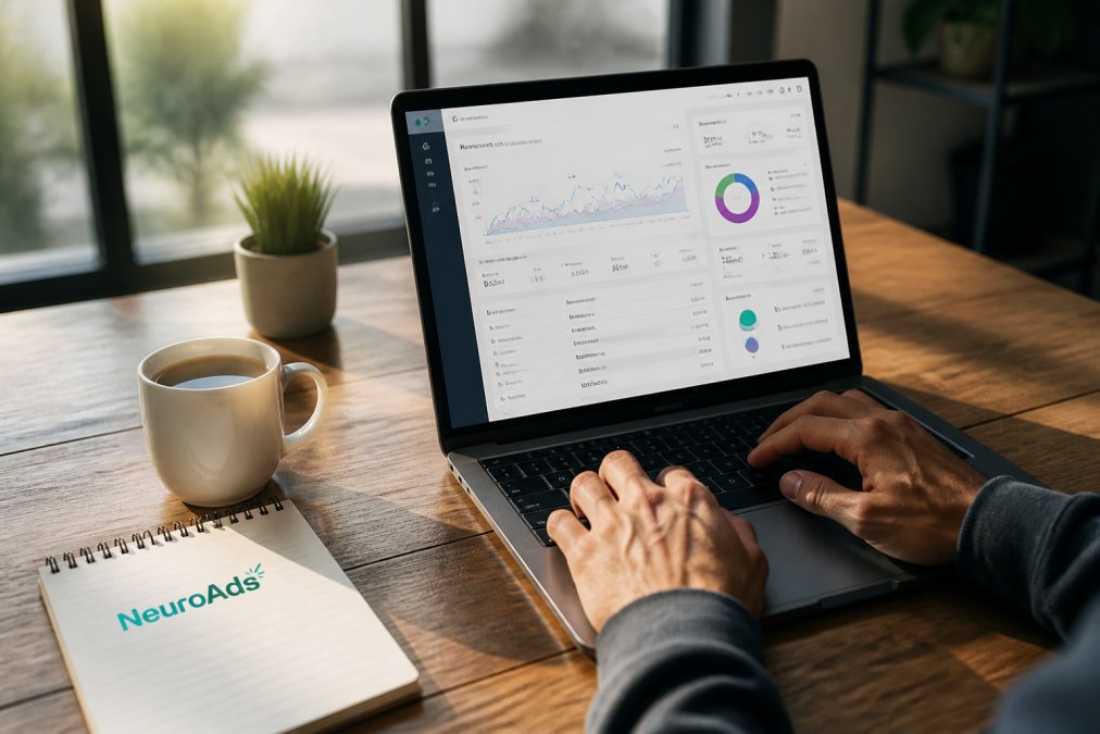 Close-up of a person's hands typing on a laptop displaying an e-commerce analytics dashboard with colorful performance metrics visible on screen, a coffee cup resting nearby on a wooden desk in soft morning light